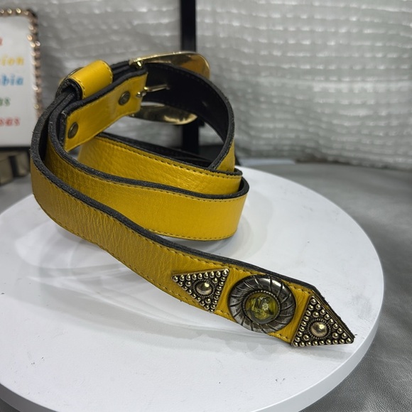 (H) Leatherock 7129 Vintage Yellow BeltWestern-style gold buckle leather, Sz S/M - Picture 4 of 14